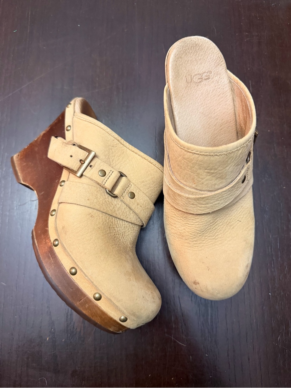 UGG Women's Beige Suede Buckle Clogs with Wood Platform